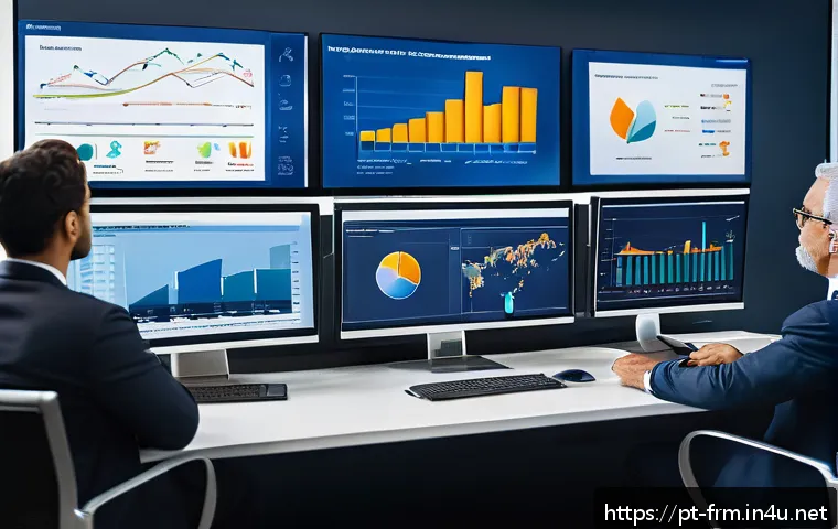 FRM 취득 후 전문성 향상을 위한 추가 학습 - A modern office environment with a diverse group of financial professionals collaborating around a l...